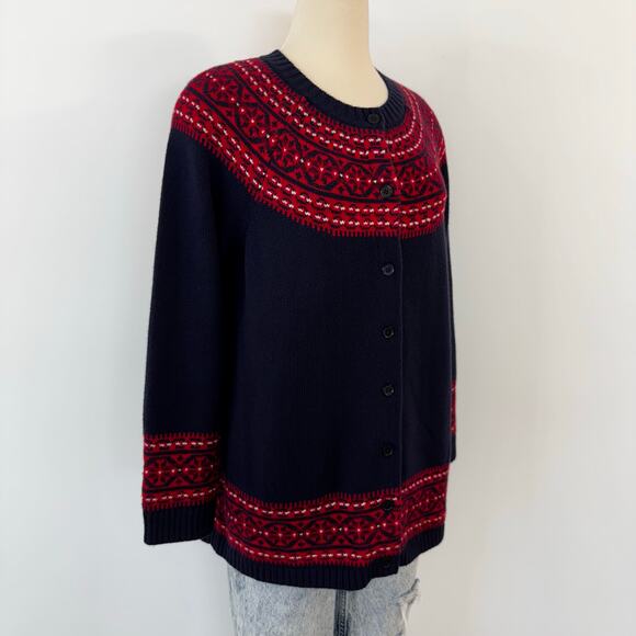 Talbots Fair Isle Lambswool Blend Cardigan Sweater Button Down Navy Red 2XP - Picture 3 of 10